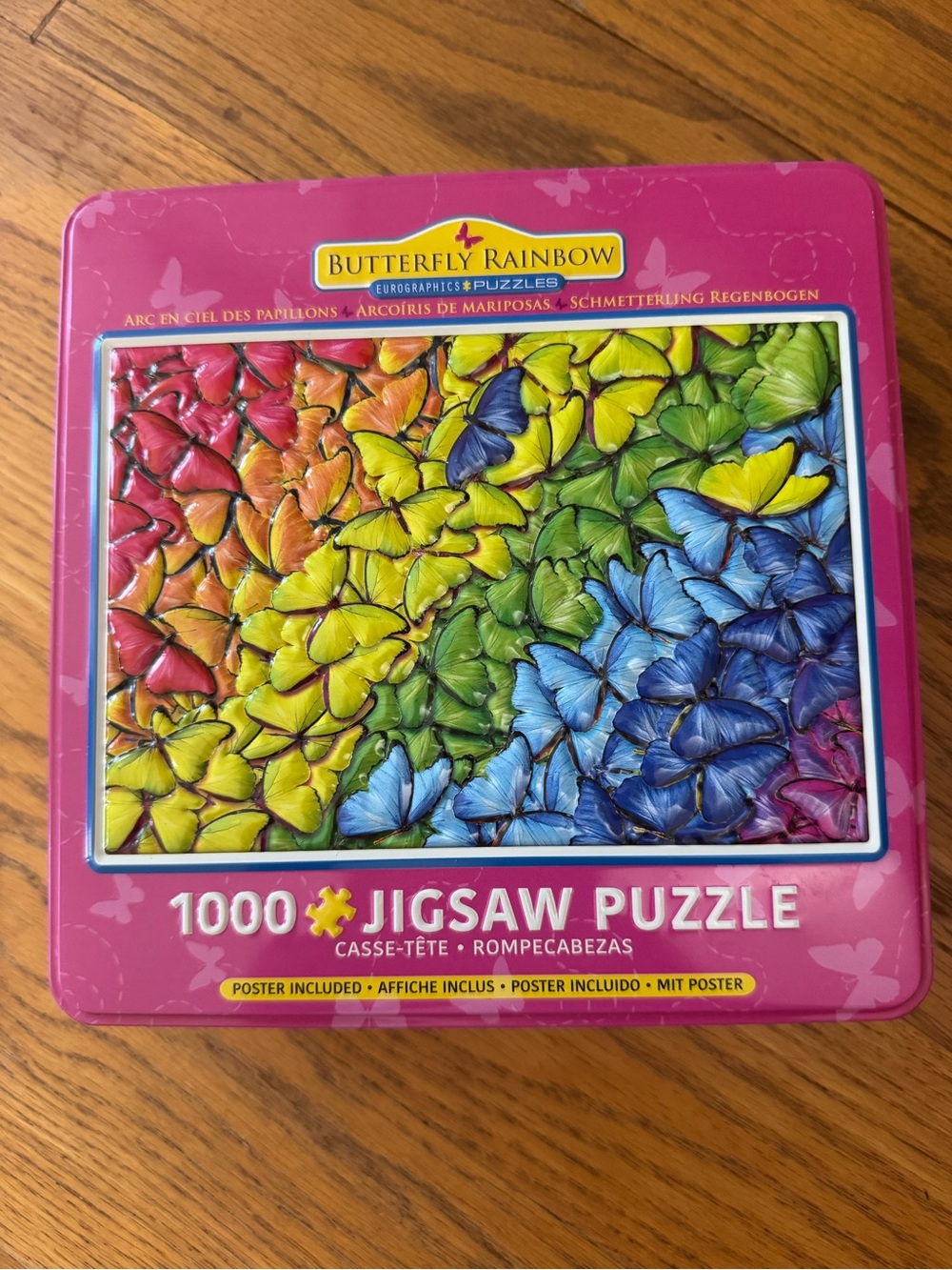 Butterfly Rainbow 1000-Piece Jigsaw Puzzle - Pink Tin